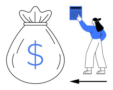 Dolar işareti ve oklu büyük para çantasının yanında hesap makinesine basan kadın. Finans, tasarruf, yatırım, muhasebe, ekonomi, bütçe yönetimi için ideal. Düz basit metafor