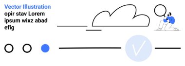 Konuşma baloncuğu olan çizgi film karakteri bulut ve metni inceler, çizgi ve daire elementleri minimalist tarzda inceler. Fikir, iletişim, analitik, teknoloji, bulut kavramı için ideal