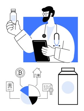 Doktor elinde bir tablet ve bir şişe tutuyor. Yanında da maddi varlıklar, mülkiyet, kripto para birimi ve pasta grafikleri var. Sağlık, araştırma, finans, yenilik veri analizi için ideal