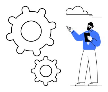 Büyük dişli çarklarda iş kıyafetleri giyen kişi iş akışını, planlamayı ve işbirliğini sembolize ediyor. İş, strateji, mühendislik, liderlik, takım çalışması yenilik verimliliği için ideal