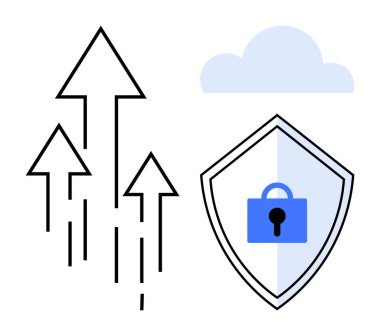 Yukarı çıkan oklar büyümeyi simgeler, bulutun önündeki kalkanın yanında siber güvenlik ve veri korumasını temsil eden bir kilit bulunur. Teknoloji, internet güvenliği, bulut hesaplama ve veri gizliliği için ideal