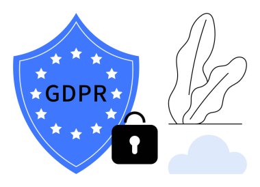 GDPR mesajı ve yıldızlı mavi kalkan, asma kilit, bulut ve soyut yeşillik. Veri koruması, mahremiyet, uyum, güvenlik, AB yönetmelikleri için ideal Bulut güvenliği yasal düz metaforu