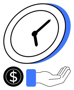 Klasik saat, dolar sembolü ve açık el zaman yönetimi, finansal değer ve kaynak sunma kavramını ortaya koyuyor. Üretkenlik, yatırım, zaman yönetimi, verimlilik tasarrufu için ideal