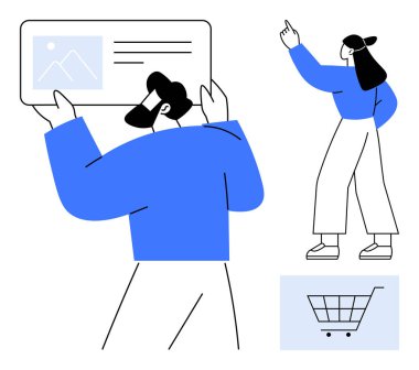 Adam arayüz ekranını tutuyor, kadın işaret ediyor, minimalist el arabası. Alışveriş, e-ticaret, takım çalışması, iletişim, veri yeniliği teknolojisi için ideal. Düz basit metafor