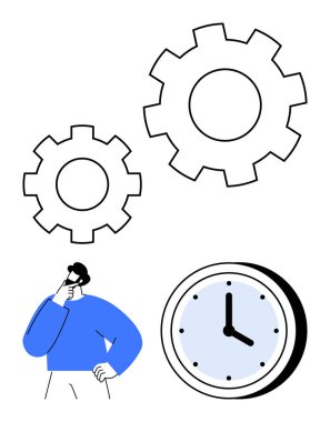 Düşünceli bir adam, büyük dişliler ve saatlerle temsil edilen iş akışını düşünür. Üretkenlik, zaman, planlama, verimlilik, strateji, problem çözme, düz metafor için ideal