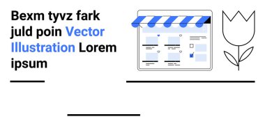 Mavi ve beyaz tenteli, pazarlama metni ve çiçek ikonuyla dijital mağaza önü. Web tasarımı için ideal, çevrimiçi dükkanlar, dijital pazarlama, e-ticaret, perakende satış mağazaları iniş sayfası. İniş sayfası