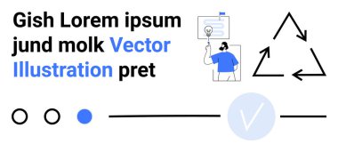 İşadamı belgeye diyagramlarla işaret ediyor, oklar üçgen şeklini oluşturuyor, işaretler, dairesel şekiller, mavi ve siyah renkler. İş sunumları için ideal, görselleştirme süreci, proje