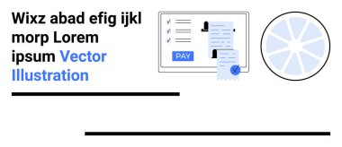 Tablet, mali işlemleri sembolize eden ödeme düğmeli bir kontrol listesi ve fatura gösteriyor. E-ticaret, bankacılık, muhasebe, işlem, fatura, çevrimiçi ödemeler ve soyut hat için ideal