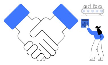 Anlaşma veya takım çalışması sembolü olarak el sıkışma, fabrika taşıma bandı otomasyonu ve mali işler için hesap makinesi kullanan bir kişi gösterir. İş için ideal, takım çalışması, ortaklık, işbirliği