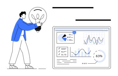 Grafikler, grafikler ve görsel istatistikler içeren veri panelinin yanında ampul tutan kişi. Yenilik, analitik, yaratıcılık, veri içgörüsü, takım çalışması üretkenlik teknolojisi için idealdir. Düz
