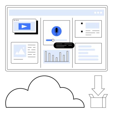 Gösterge panelinde video oynatma, mikrofon kontrolleri, çizelgeler ve dosyalar var. Simge indirme ve bulut sembolü erişilebilirliği vurguluyor. Veri paylaşımı, takım çalışması, medya entegrasyonu ve teknik UI için ideal