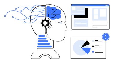 Dijital beyin ve donanıma sahip insan kafası yapay zekayı temsil ediyor, grafiklere ve web sitesine bağlı. Yapay zeka, veri bilimi, yenilik, otomasyon, teknoloji, makine öğrenme geleceği için idealdir. Düz basit