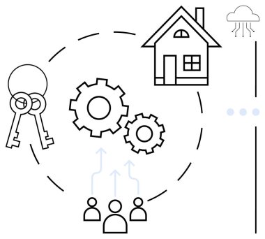 Evin yakınındaki anahtarlar, vitesler birbirine bağlı, insanların simgeleri ve bulut bağlantıları. Takım çalışması, gayrimenkul, teknoloji, süreç entegrasyonu, iş akışı, mülkiyet yönetimi dairesi için ideal basit metafor