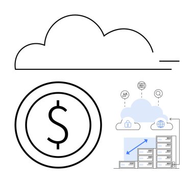 Bulut grafiği, dolar işareti, finansal, depolama, ağ oluşturma ve veritabanı için güvenli bulut simgelerine bağlı sunucular. Teknoloji, yatırım, dijital çözümler için ideal güvenlik ölçekleme teknolojisi
