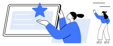 Yıldız simgesi olan bir ekrana doğru hareket eden kişi, daha küçük bir figürün eşlik ettiği önemli bir fikri vurguluyor. Takım çalışması, sunum, odaklanma, başarı, liderlik, eğitim, strateji için ideal