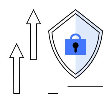 Merkezinde mavi kilit olan bir kalkan, yükselen üç ok ve güvenlik artışını gösteren temiz çizgiler. Siber güvenlik, veri koruması, teknolojik gelişmeler, güvenli sistemler, çevrimiçi güvenlik için ideal