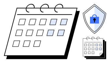 Vurgulanmış tarihli takvim, kilit sembollü kalkan ve istiflenmiş takvimler. Etkinlik planlama, zamanlama, zaman yönetimi, mahremiyet, veri koruması, siber güvenlik için ideal