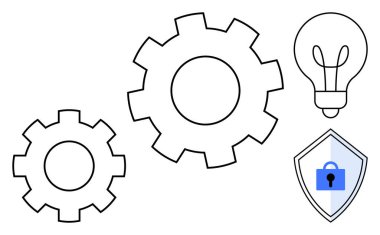Hareket halindeki dişliler, fikirleri temsil eden bir ampul ve yenilik, yaratıcılık ve güvenliği sembolize eden kilitli bir kalkan. Teknoloji, mühendislik, siber güvenlik, problem çözme için ideal