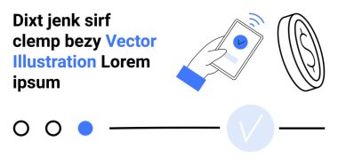 Üzerinde işaret simgesi olan akıllı bir telefon, yüzen para, mavi elementler ve yer tutucu metin. Cep telefonu ödemeleri, dijital işlemler, teknoloji, e-ticaret, finans iletişimi için ideal