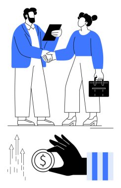 Ortaklık anlaşması için el sıkışan iki profesyonel. Büyüyen oklar, eldeki madeni para ve grafik çubukları işbirliği, başarı, yatırım, anlaşma, mali büyüme ve iş konularını vurguluyor