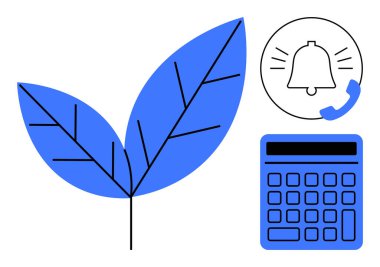 Mavi yaprak sürdürülebilirliği sembolize eder, uyarı için zili çalar, ve finans için hesap makinesi. Finans, çevre, verimlilik, muhasebe ve bütçe planlama için ideal. Düz basit