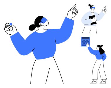 Canlı mavi aksanlarla plan yapan, sunan ve hesaplayan kadınlar. Üretkenlik, takım çalışması, yaratıcılık, liderlik, karar verme işbirliği kişisel gelişim için idealdir. Düz