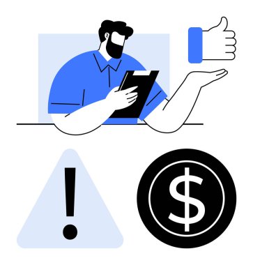Elinde not panosu, uyarı üçgeni ve dolar işareti olan bir adam. Karar verme, iş analizi, mali planlama, değerlendirme, onay süreçleri, risk değerlendirmesi için ideal