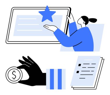 Tabletle etkileşim halinde olan bir kişi, bozuk para tutan bir el ve belge kontrol listesi. Teknoloji, geri bildirim, eleştiriler, finans, iş planlaması için ideal hedef belirleme. Düz basit metafor