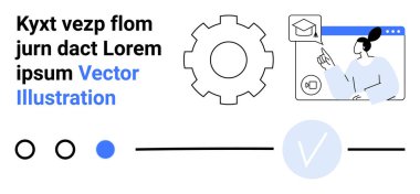 Online öğrenim seansında bir dişli ikonunun yanında mezuniyet şapkasını gösteren bir kadın. Çemberler, ilerleme çubuğu ve kene izi elementleri. E-öğrenim, eğitim, teknoloji, yazılım kılavuzları için ideal
