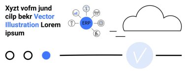 Bulut depolama da dahil olmak üzere çeşitli iş ve teknoloji sembollerine bağlı renkli ERP simgesi. Teknoloji, iş çözümleri, bulut hesaplama, veri yönetimi, dijital pazarlama için ideal