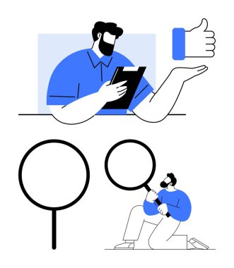 Elinde bir not panosu olan, araştırmayı, doğrulamayı, takip etmeyi, takım çalışmasını, problem çözmeyi, soruşturmayı, basit bir metaforu işaret eden bir büyüteç taşıyan bir adam.