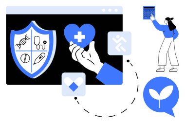 Tıbbi ikonların olduğu mavi bir kalkan, kalbi tutan bir kadın, tablet kullanan bir kadın, bitki sembolü. Sağlık, sağlık, dijital sağlık, sürdürülebilirlik, hasta sigortası yeniliği için idealdir. Düz basit