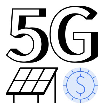5G teknoloji metni, temiz enerji için güneş paneli ve ekonomik büyümeyi sembolize eden dolar para. Teknolojik yenilik, sürdürülebilirlik, telekom, enerji çözümleri, dijital ekonomi, bağlantı için ideal