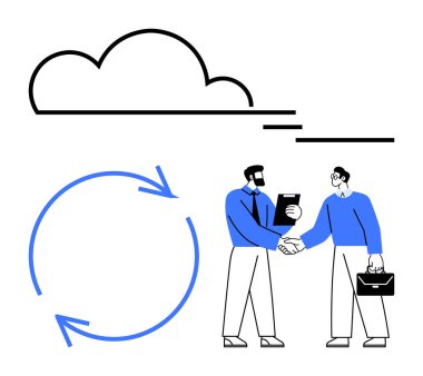 İş adamları döngüsel işlem okları ve teknolojiyi sembolize eden bir bulut simgesi yakınında el sıkışıyor. İletişim, takım çalışması, anlaşma, veri alışverişi, teknoloji, işbirliği için ideal