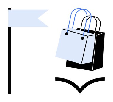 Alışveriş torbaları, bayrak ve soyut semboller perakende satış, tüketici davranışı ve piyasa dinamiklerini çağrıştırıyor. E-ticaret, tüketici alışkanlıkları, perakende tanıtım kampanyaları, pazarlama kampanyaları için ideal