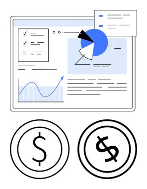 Dolar simgeleriyle birlikte turta grafiği, metin analizi ve kontrol paneli. Finans, analiz, raporlama, ekonomi iş bütçesi istatistikleri için idealdir. Düz basit metafor