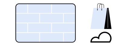 Bir alışveriş torbası ve bulutun yanında açık mavi tuğla duvar. Perakende, e-ticaret, dijital dönüşüm, depolama, çevrimiçi alışveriş, teknoloji ve yenilik için ideal. Düz basit metafor