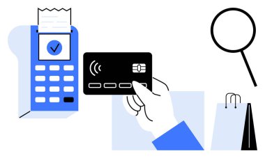 Posta terminalinde kart, görünür kağıt makbuz, alışveriş torbası ve büyüteç ile temassız ödeme. Dijital ödemeler, e-ticaret, perakende, alışveriş, güvenlik işlemleri verimliliği için ideal