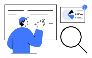 Güvertede yazan kişi, finansal ikonlu pasta tablosu, büyüteç. Analiz, iş stratejisi, piyasa araştırması, takım çalışması, planlama eğitimi için ideal. Düz basit metafor