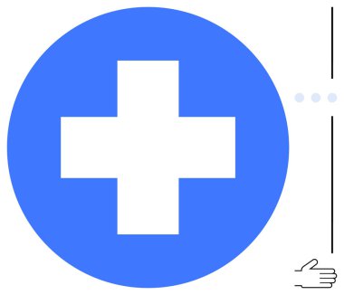 Beyaz haçlı mavi daire sağlık, yardım ve sağlık hizmetlerini sembolize ediyor. Minimalist el ve noktalı çizgiler etkileşimi, desteği, ortaklığı ve yardımı vurguluyor. Sağlık ve güvenlik için ideal