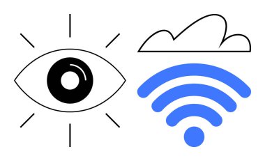 Işınlı göz, bulut ve mavi kablosuz sinyal görüşü, bağlantıyı, bulut hesaplamasını, ağları, güvenliği, teknolojik yeniliği temsil ediyor. Teknoloji iletişimi için ideal bulut hizmetleri