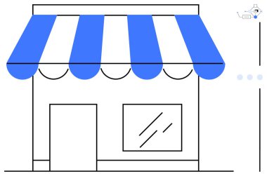 Mavi çizgili tenteli, geniş pencereli ve kapısı perakende, yerel işletme, küçük dükkan öneren basit bir dükkan. İş, dış ticaret, perakende sektörü ve girişimcilik için ideal bir yer.