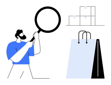 Elinde büyüteç tutan bir adam alışveriş çantasının yanındaki raflara istiflenmiş paketleri inceliyor. Perakende, e-ticaret, kalite güvencesi, ambalaj, lojistik, teftiş, tedarik zinciri için ideal. Düz basit