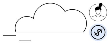 Hareketi, kullanıcı avatarını ve çember içindeki dolar işaretini gösteren çizgileri olan minimalist bulut. Dijital depolama, kullanıcı hesabı, çevrimiçi abonelik, İnternet hizmeti, bulut hesaplama, veri için ideal
