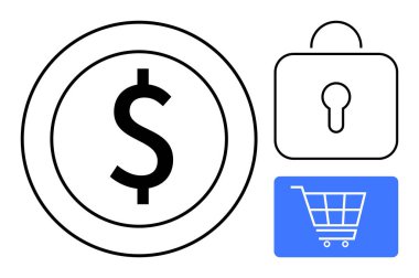 Kilit ve alışveriş arabası ikonu, finansal güvenlik, çevrimiçi işlemler, e-ticaret ve güvenli alışverişleri temsil eden dairesel tabela. Finans, teknoloji ve iş için ideal