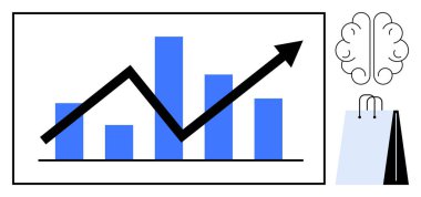 Beyin diyagramı ve alışveriş çantasının yanında yukarı doğru siyah ok olan mavi çizelge. İlerleme için ideal, başarı, pazarlama, strateji, iş büyümesi, veri analizi, yaratıcı düşünce. Düz basit metafor