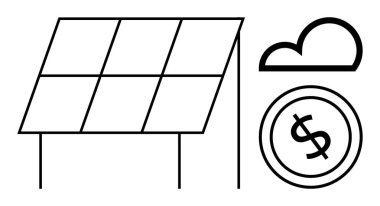 Bulutun altındaki güneş paneli yenilenebilir enerjiyi, çevre dostu teknolojiyi ve tasarruf maliyetlerini simgeleyen bir dolar ile birlikte. Sürdürülebilirlik, temiz enerji, yenilik, finans, çevre için ideal