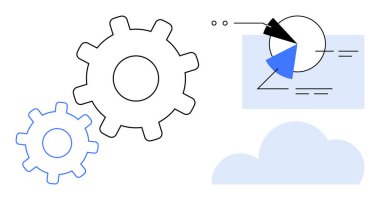 Birbirine kenetlenmiş vitesler, çizelgeler, notlar ve bir bulut elementi ile veri görselleştirmesi. Süreç otomasyonu, veri analizi, bulut teknolojisi, mühendislik kavramları, takım çalışması, araştırma için ideal