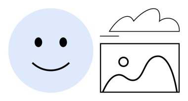 Mutlu yüz, bulutlu, güneşli ve tepeli minimalist bir manzaranın yanında. Mutluluk için ideal, pozitiflik, fotoğrafçılık, basitlik, hava durumu ekolojisi yaratıcılığı. Düz basit metafor