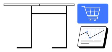 Ekranda alışveriş arabası simgesi ve analitik çizelgesi olan minimalist tasarım. E-ticaret, veri analizi, çevrimiçi alışveriş, iş büyümesi, pazar eğilimleri, mağaza yönetimi, düz basit metafor